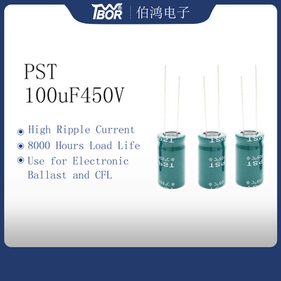 সবুজ CFL 100uF450V ইনভার্টার ক্যাপাসিটর 8000 ঘন্টা লোড লাইফ